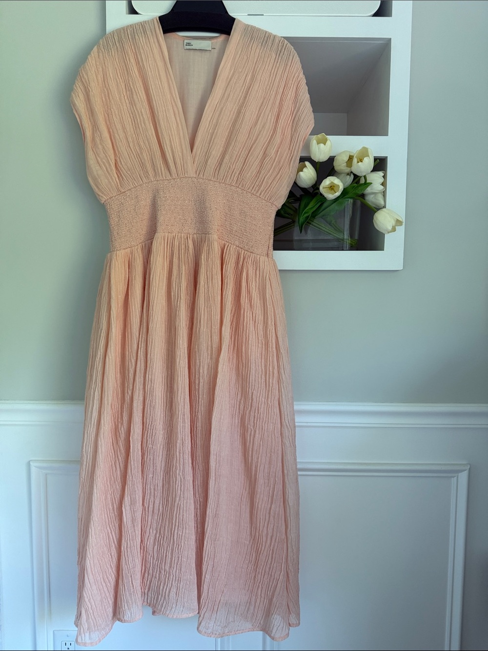Tory Burch Blush Pink Smocked Waist V-Neck Midi Maxi Dress sz L
